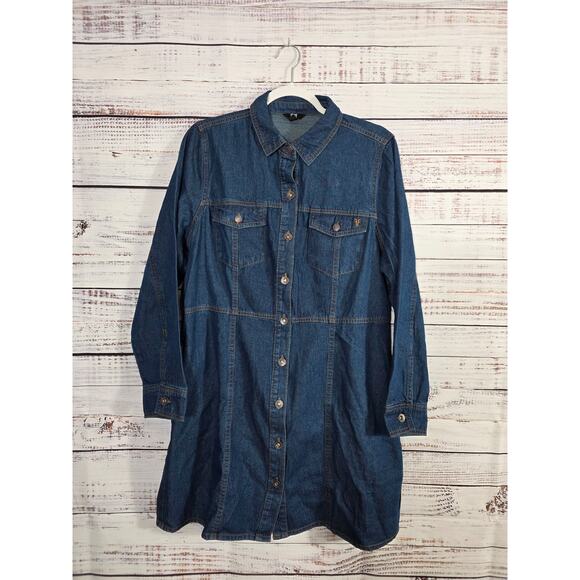 Frye Women's Utility Shirt Dress Large Dark Denim Button Front Long Sleeve - Picture 1 of 5